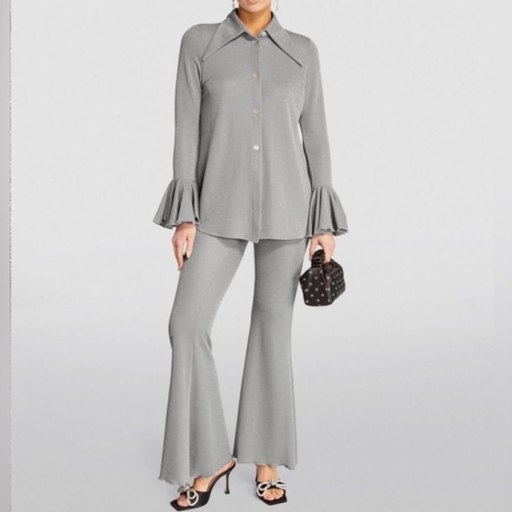 Sleeper Lurex Lounge Suit Pants and Shirt in Gray Sparkle Size Large